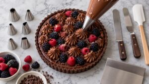 Dresiranje čokoladnih rozeta na tart, oko njega nastavci za dresir, špatule i strugač
